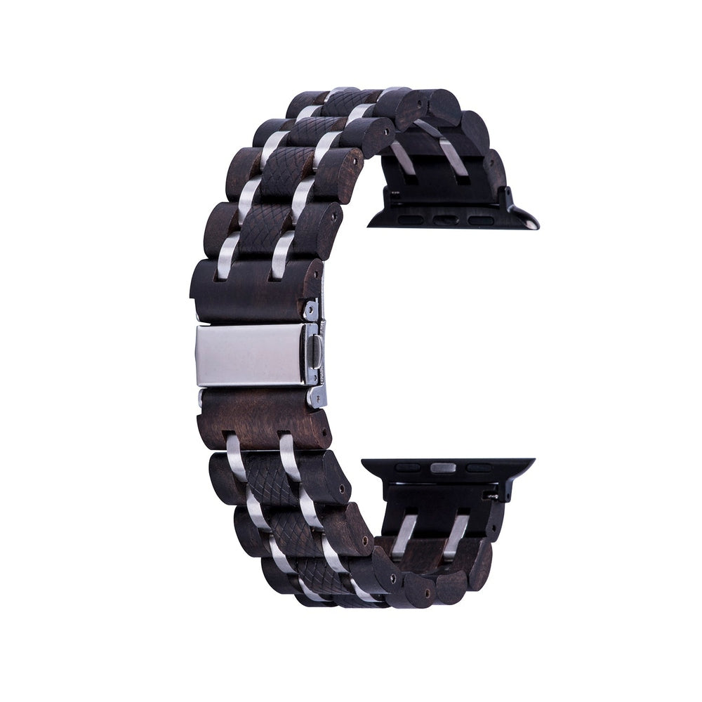 Dark wooden watch band with textured silver metal links, durable clasp, and elegant curved design for men's luxury wooden watches.