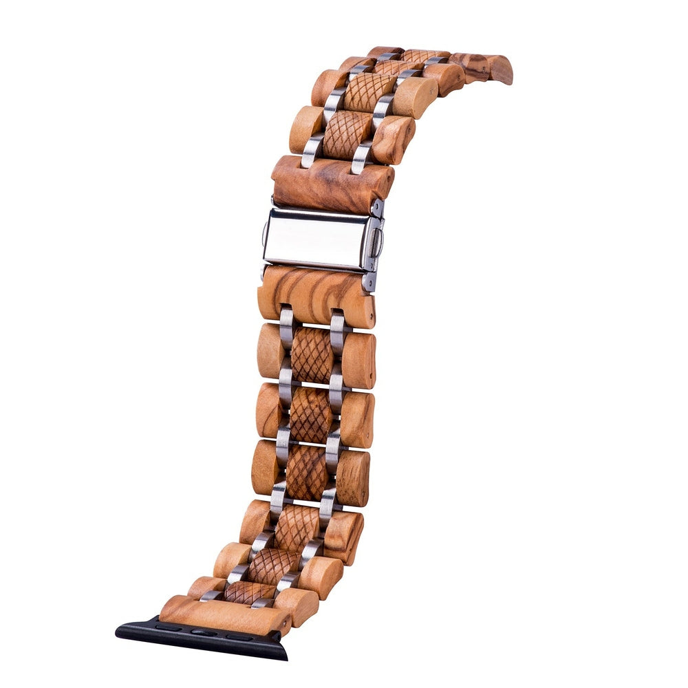 Light wooden watch band with silver metal accents and textured wood links, featuring a curved design and durable clasp, isolated on a white background.