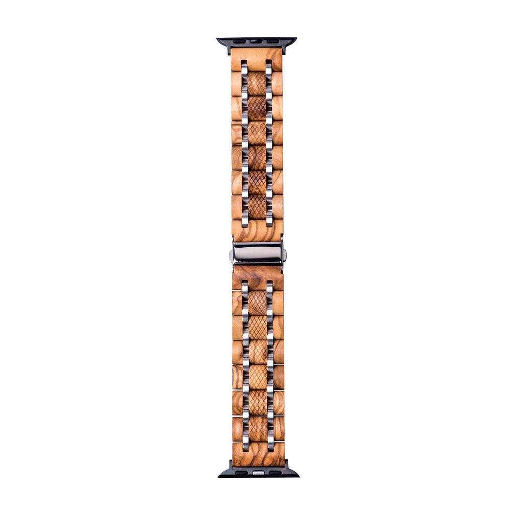 Light wooden watch band with silver metal accents and textured wood links, featuring a straight design and sturdy clasp, isolated on a white background.