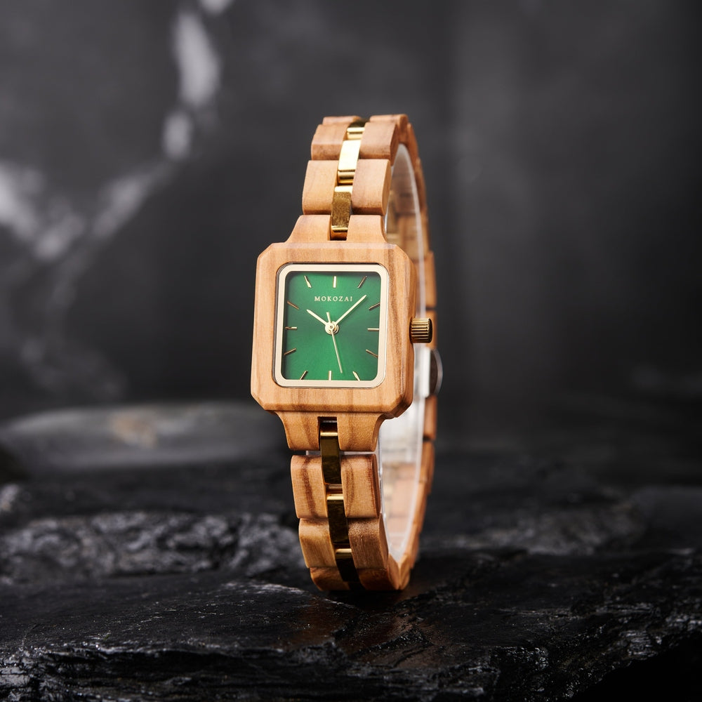 Elegant wooden wristwatch featuring a green square dial, gold accents, and eco-friendly designโperfect for style-conscious Australians who love sustainable fashion.