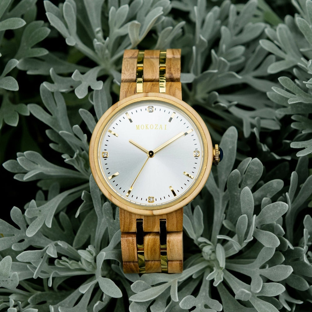 Mokozai luxury wooden watch with a sleek white dial and gold accents, nestled in soft greenery. A sustainable, eco-friendly timepiece crafted from natural wood, perfect for eco-conscious Australians seeking elegant and stylish accessories.