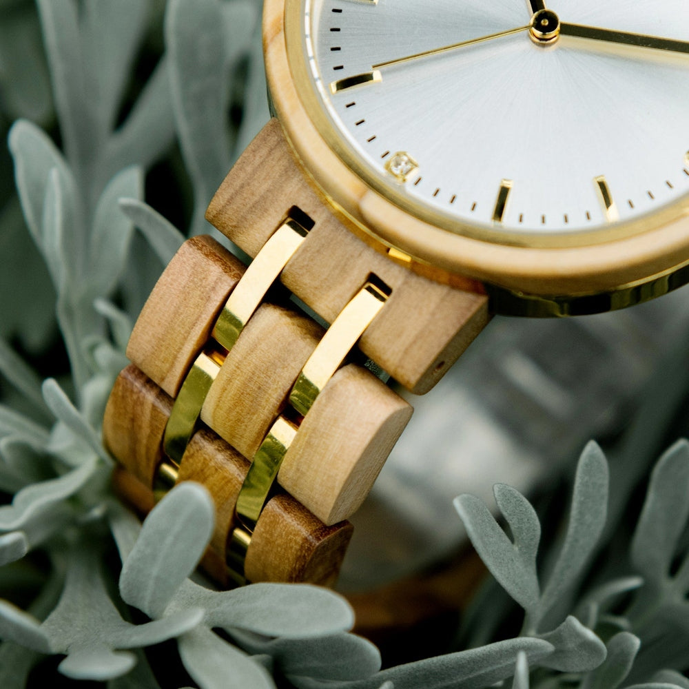 Close-up of Mokozai wooden watch with gold accents, blending natural wood craftsmanship and luxury. Ideal for eco-conscious Australians searching for sustainable fashion accessories.
