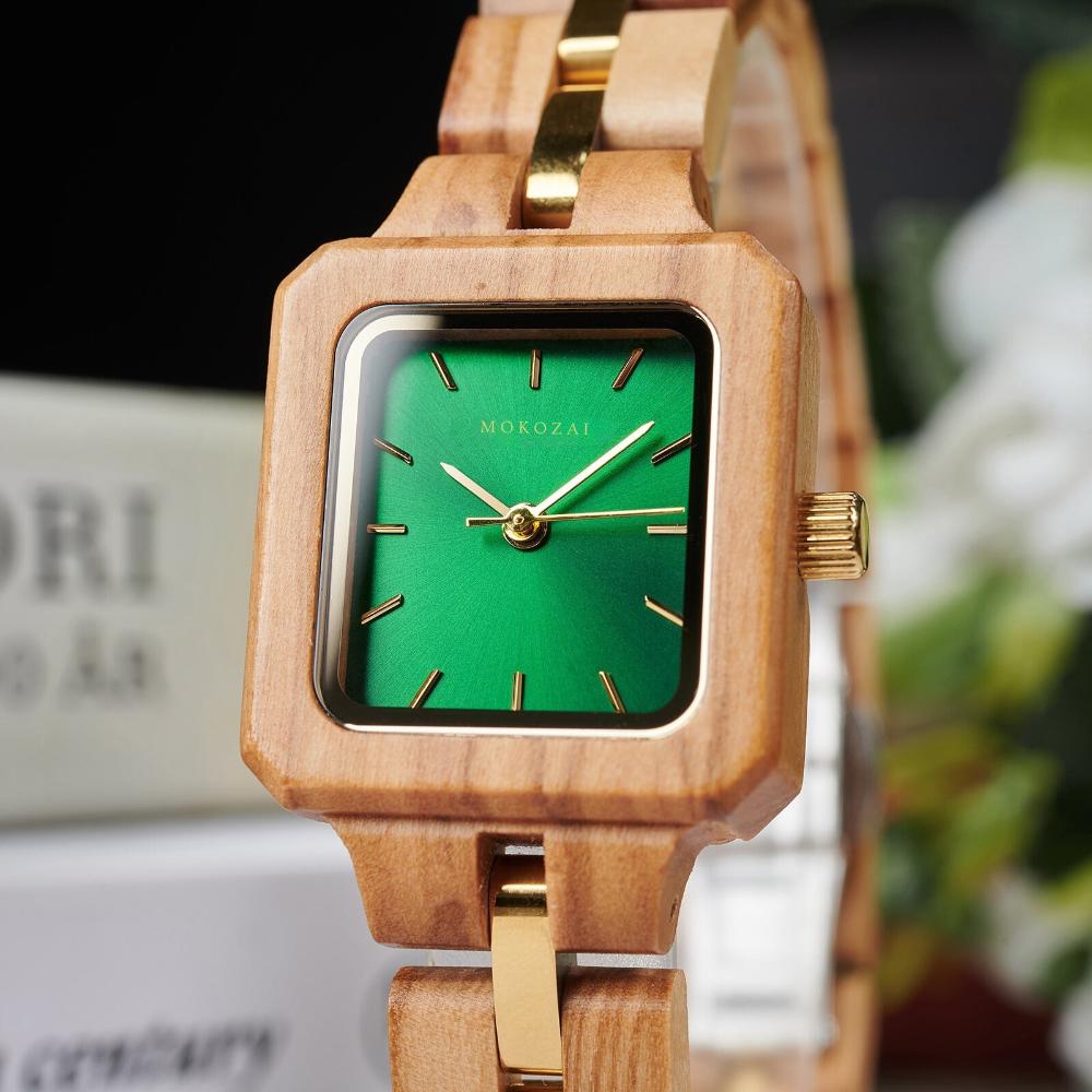Close-up of Mokozaiโs eco-friendly wooden watch featuring a vibrant green dial, perfect for nature lovers in Australia who value sustainable luxury and unique style.