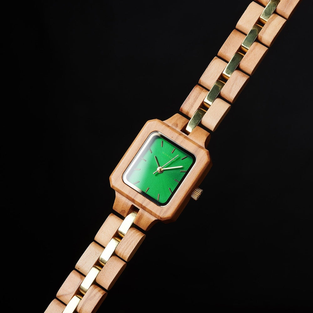 Stylish wooden watch with a vibrant green square face and gold accents, ideal for eco-conscious Australians seeking unique, sustainable fashion accessories.
