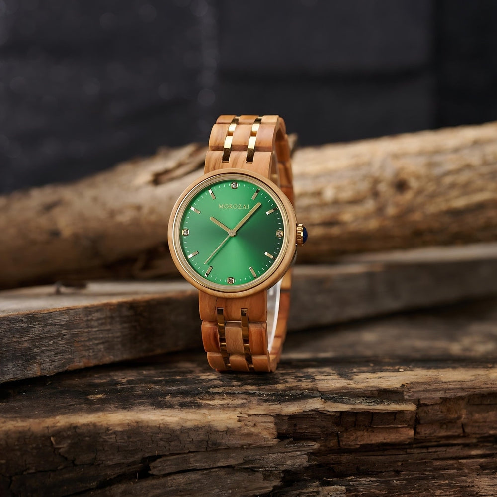Elegant Mokozai wooden watch with an emerald green dial, gold-plated accents, and sustainable wood band. Perfect for eco-friendly, stylish wearers.