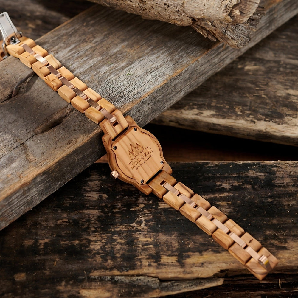 Back view of Mokozai wooden watch showcasing engraved natural wood grain details on the case, with a stylish wooden link band. Perfect for Australians seeking eco-friendly and luxurious timepieces.