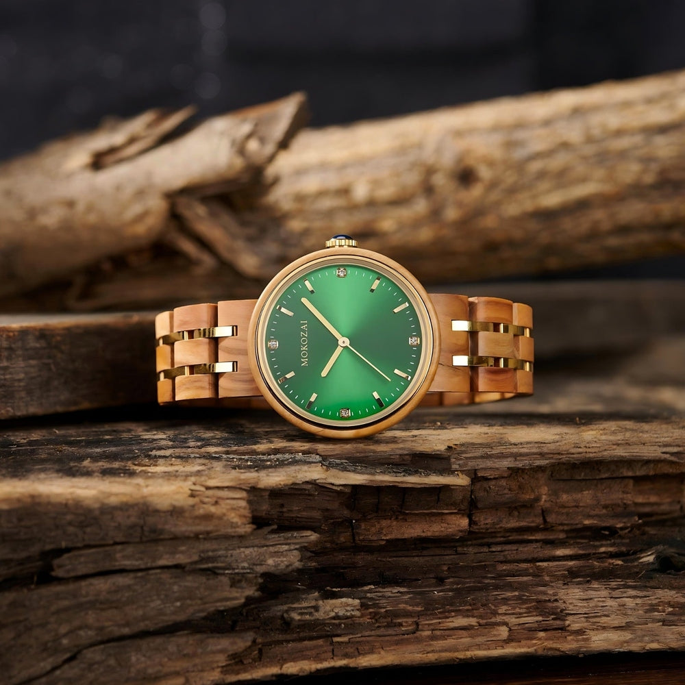 Front view of a Mokozai wooden wristwatch, featuring a striking green dial and golden accents. The watch sits on a rustic wooden surface, showcasing the natural wood bracelet with its elegant craftsmanship.
