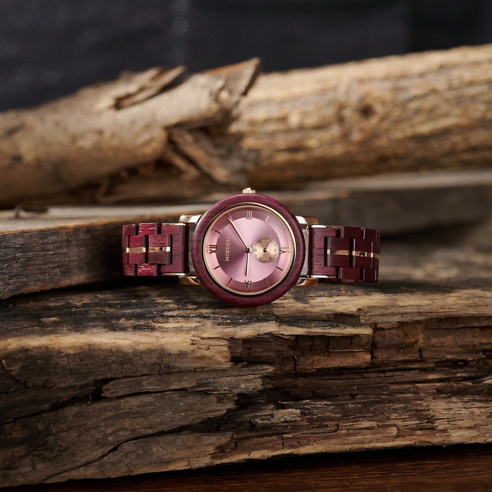 Luxurious Mokozai wooden watch with a deep purple wood band and matching case, highlighted by a radiant rose gold dial. Set against a rustic wood backdrop, this timepiece offers a perfect blend of elegance and eco-friendly craftsmanship, ideal for style-conscious individuals seeking sustainability in Australia.