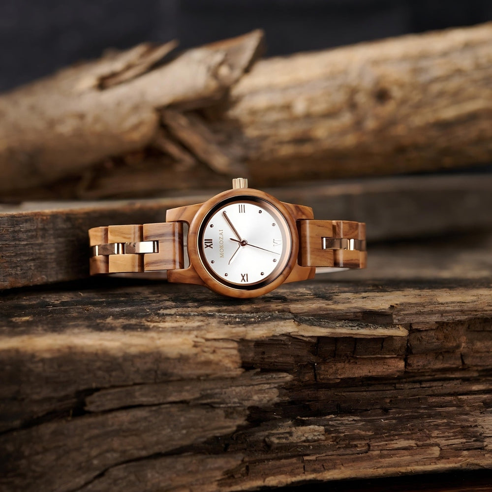 Elegant wooden wristwatch featuring a sleek white dial with Roman numerals, resting on a light brown wooden strap. The natural woodgrain texture enhances the sophisticated design, making it a perfect accessory for nature and luxury lovers in Australia.