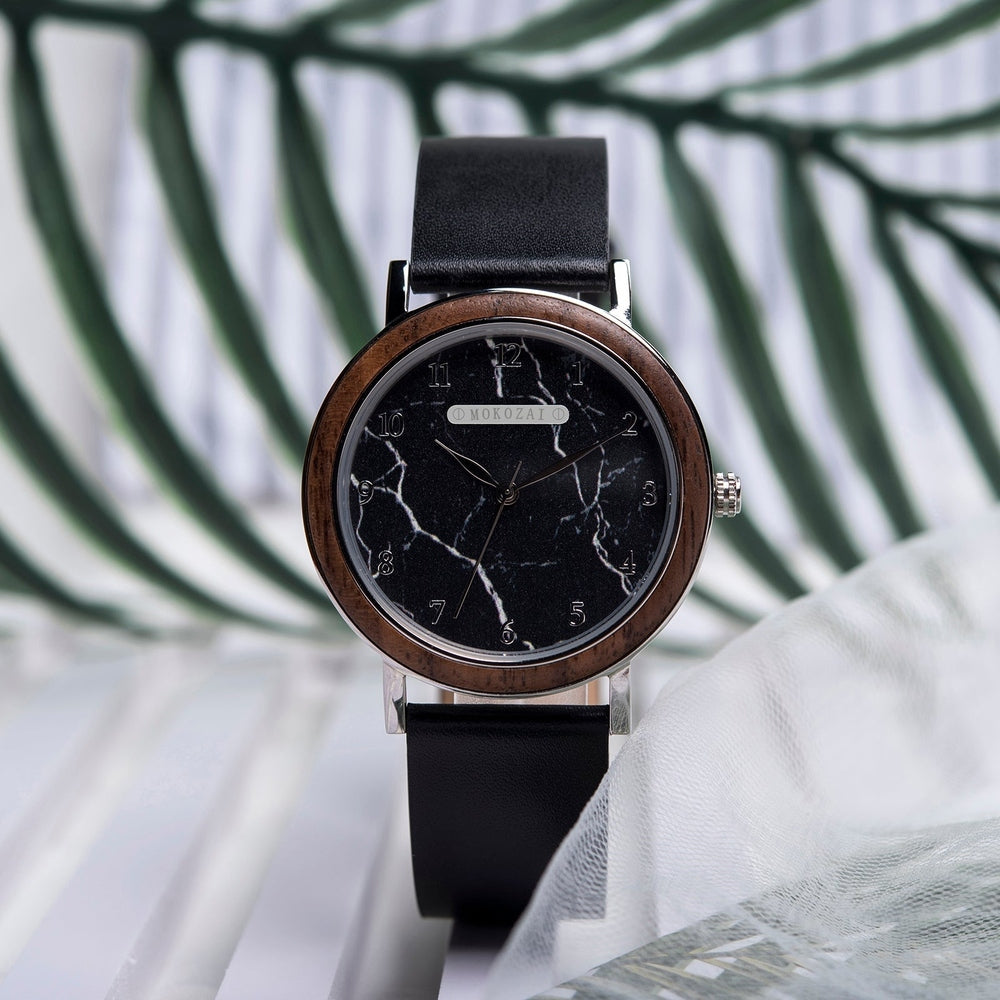 Elegant Mokozai black marble-faced wooden watch with a sleek leather strap, perfect for Australians seeking a unique blend of natural luxury and modern style.