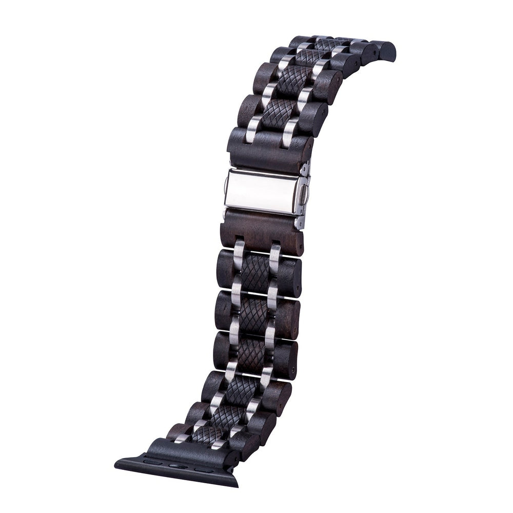 Luxury men's wooden watch band with silver metal accents and textured design, featuring a durable clasp and curved shape, isolated on a white background.