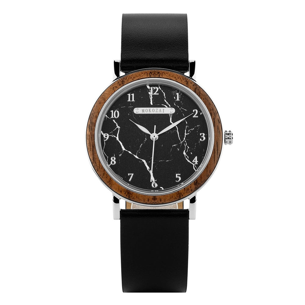 Sleek Mokozai black marble dial watch with leather strap and wooden bezel, combining elegance and nature-inspired luxury for Australians who love refined style.