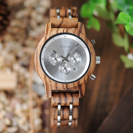 Elegant Mokozai wooden chronograph watch featuring a silver dial and subdials, paired with a zebrawood band. A blend of natural wood and sleek design, perfect for Australians seeking eco-luxury and sophistication in their accessories.