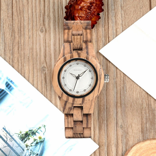 Mokozai natural wooden watch with a light brown grain pattern, featuring a white dial with delicate floral markers. The eco-friendly design blends rustic charm with minimalist elegance, perfect for style-conscious and eco-conscious individuals in Australia.