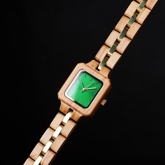 Stylish wooden watch with a vibrant green square face and gold accents, ideal for eco-conscious Australians seeking unique, sustainable fashion accessories.
