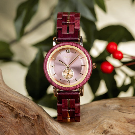 Elegant Mokozai wooden watch featuring a rich purple wood case and band, complemented by a rose gold dial with Roman numerals. The refined, eco-friendly design blends sophistication with sustainability, perfect for stylish, conscious individuals in Australia.