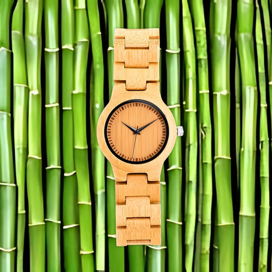 Eco-friendly bamboo wooden watch by Mokozai, featuring a minimalist design and natural grain pattern, set against a backdrop of vibrant bamboo. Perfect for sustainable fashion enthusiasts in Australia looking for a stylish, eco-conscious timepiece.