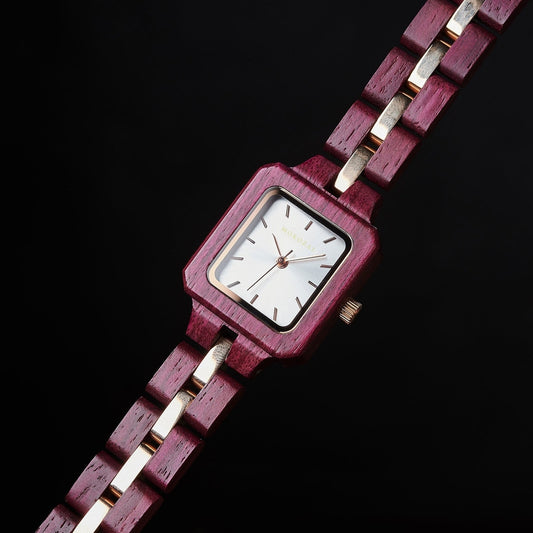 Elegant Mokozai square wooden watch with a purple wood frame and silver accents. The minimalist design features a sleek silver dial with slim markers, perfect for a modern yet natural look. Ideal for style-conscious individuals seeking unique, eco-friendly timepieces in Australia.